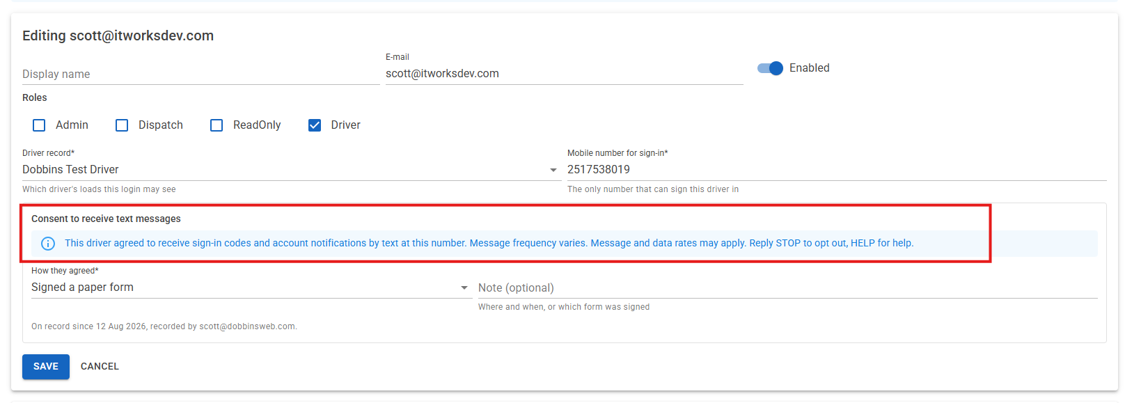 The user administration screen showing the mobile number field and the SMS consent panel, with the consent wording and the method selection.
