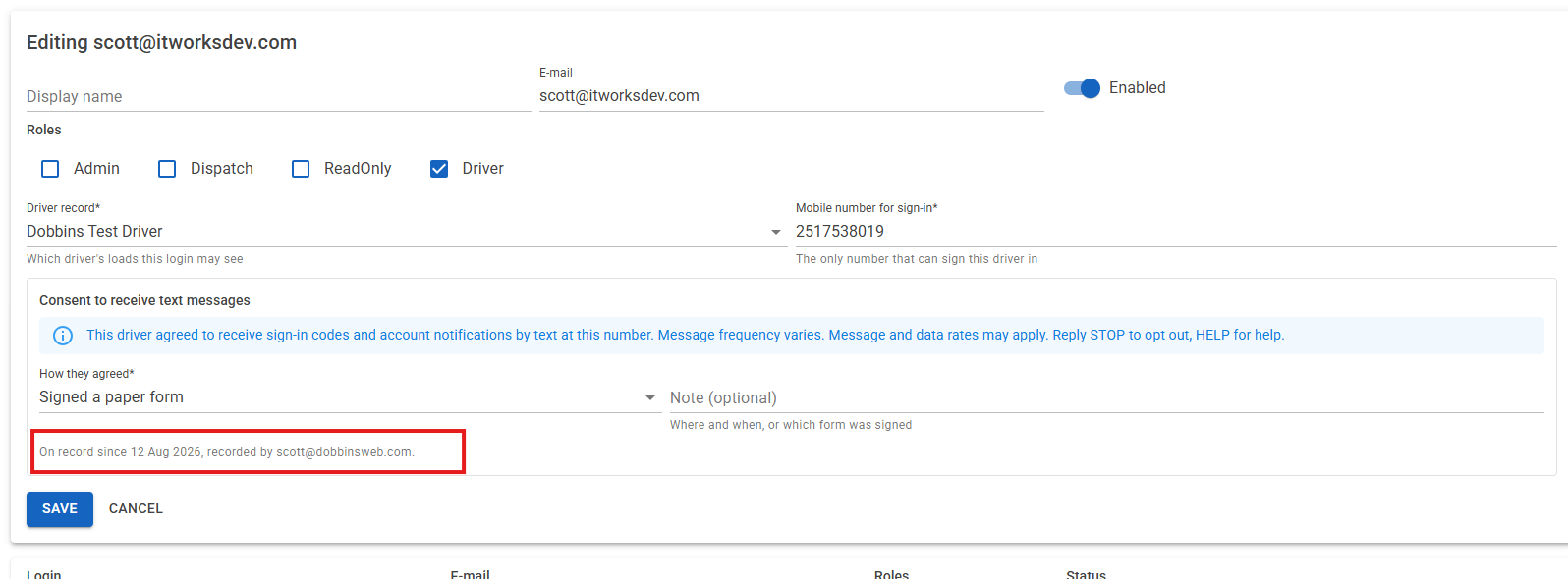 A saved account showing when consent was recorded and which administrator recorded it.